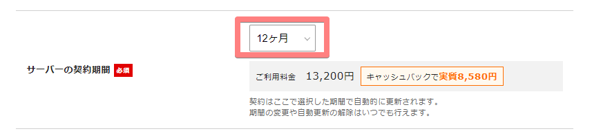 エックスサーバー期間選択